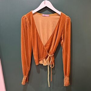 Velvet Wrap Tie-Front Long Sleeve Top — Mustard